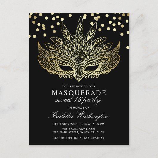 Gouden Confetti Masquerade Sweet 16 Party Uitnodiging Briefkaart (Voorkant)