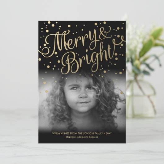 Gouden Confetti Merry Bright Custom Photo Card Feestdagenkaart (Staand voorkant)