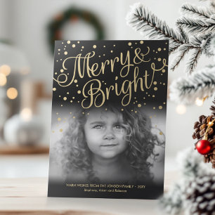 Gouden Confetti Merry Bright Custom Photo Card Feestdagenkaart