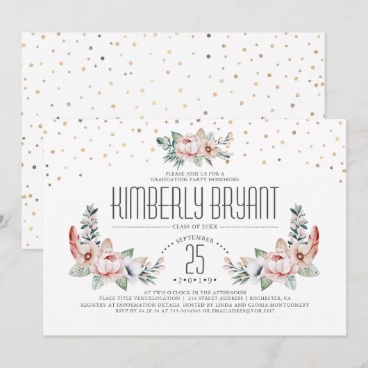 Gouden Confetti | Modern Floral Graduation Party Kaart (Voorkant / Achterkant)