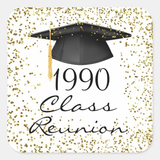 Gouden confetti, mortier klasse reünie elk jaar vierkante sticker (Voorkant)