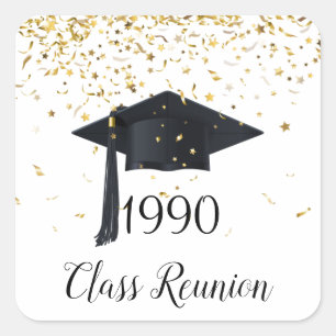 Gouden confetti, mortier klasse reünie elk jaar vierkante sticker