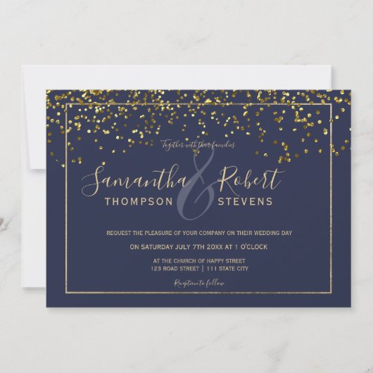 Gouden confetti navy blauw script chique moderne b kaart (Voorkant)