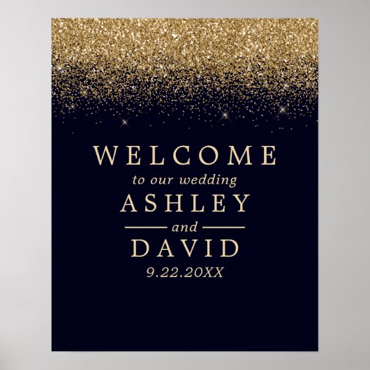 Gouden Confetti Navy Blauwe Chic Trouw Welkom Poster (Voorkant)