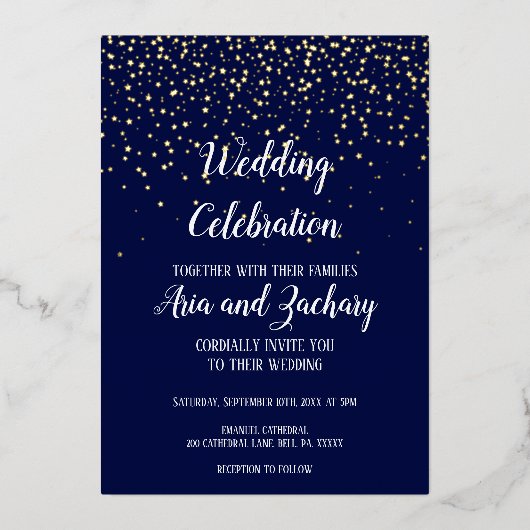 Gouden Confetti|Navy bruiloft viering Folie Uitnodiging (Voorkant)
