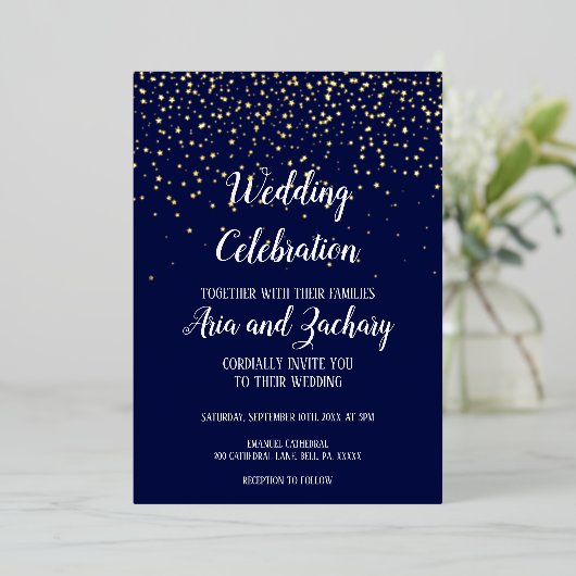 Gouden Confetti|Navy bruiloft viering Folie Uitnodiging (Staand Voorkant)