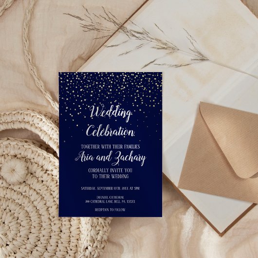 Gouden Confetti|Navy bruiloft viering Folie Uitnodiging