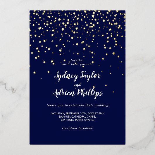 Gouden Confetti|Navy Casual Wedding Gold Folie Uitnodiging (Voorkant)