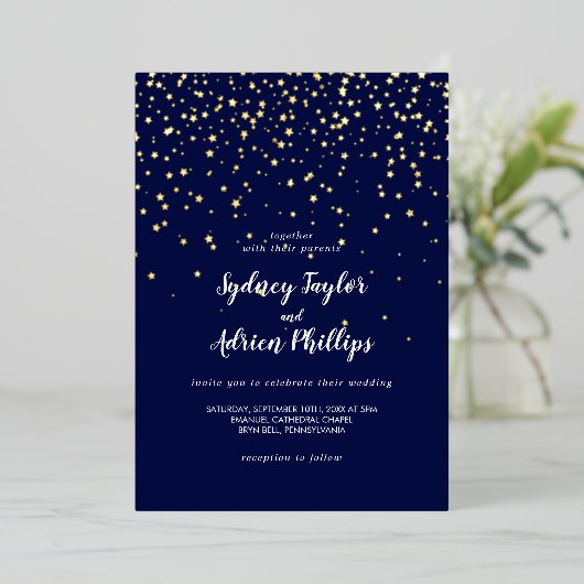 Gouden Confetti|Navy Casual Wedding Gold Folie Uitnodiging (Staand Voorkant)