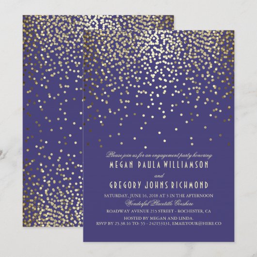 Gouden Confetti  Navy Engagement Party Kaart (Voorkant / Achterkant)
