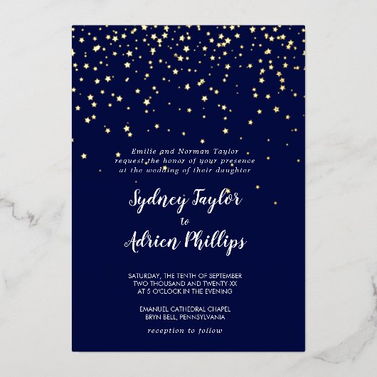 Gouden Confetti|Navy Formal Wedding Gold Folie Uitnodiging (Voorkant)