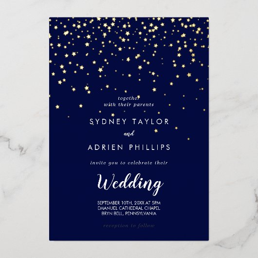 Gouden Confetti|Navy informele bruiloft goud Folie Uitnodiging (Voorkant)