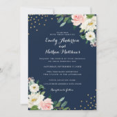 Gouden Confetti Navy Roze Bloemen Huwelijk Kaart (Voorkant)
