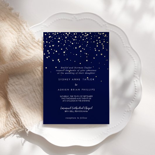 Gouden Confetti|Navy Traditional Wedding Gold Folie Uitnodiging