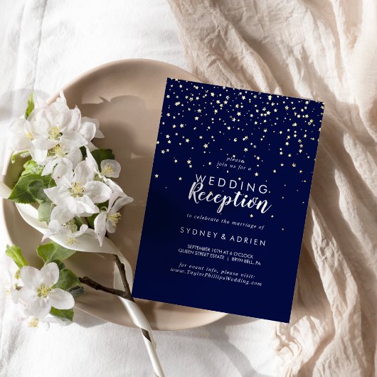 Gouden Confetti|Navy Wedding Reception Only Gold Folie Uitnodiging