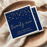 Gouden Confetti op Navy Blue 21st Birthday Party Servet<br><div class="desc">Help hen hun 21e verjaardag in stijl te vieren met dit eenvoudige maar elegante ontwerp, met faux gold driehoekige confetti die op de woorden "eenentwintig" in stijlvol gouden handschrift lettertype op een marineblauwe achtergrond zit. Personaliseer het met de naam van de honoree in gouden schreefloos lettertype, samen met de gelegenheid...</div>