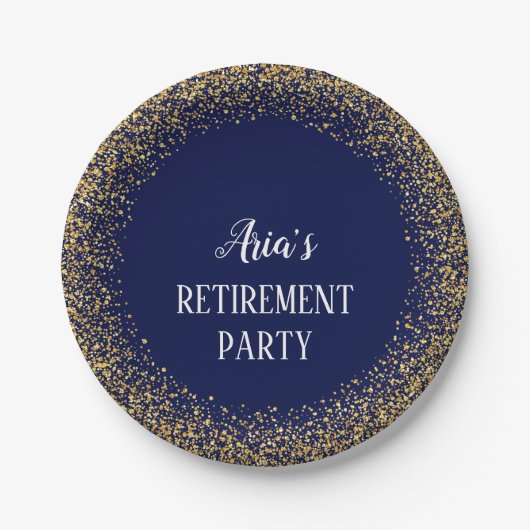 Gouden Confetti op Navy Blue Retirement Party Bord (Voorkant)