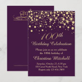 Gouden confetti op paarse 100e verjaardagsfeest kaart (Voorkant / Achterkant)