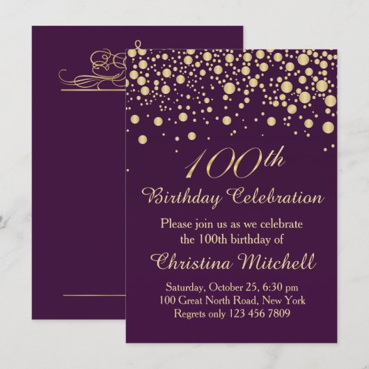 Gouden confetti op paarse 100e verjaardagsfeest kaart (Voorkant / Achterkant)