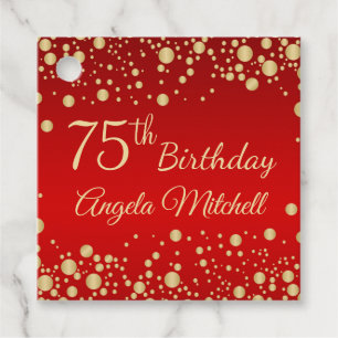 Gouden confetti op rode 75e verjaardag bedankjes labels