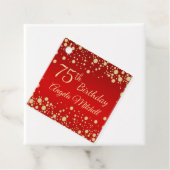 Gouden confetti op rode 75e verjaardag bedankjes labels (In situ)