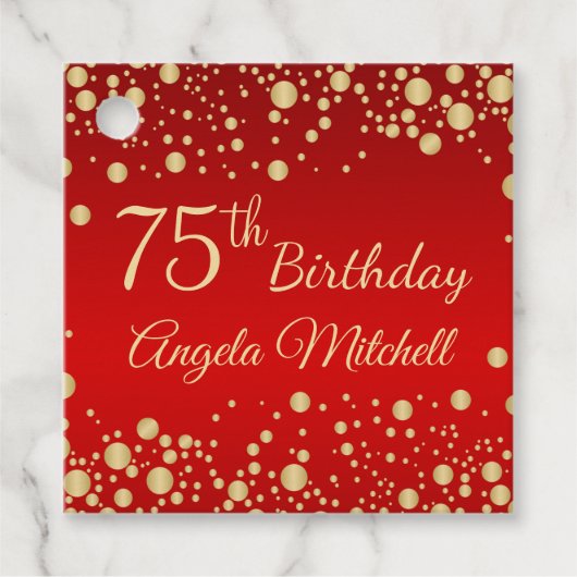 Gouden confetti op rode 75e verjaardag bedankjes labels (Voorkant)