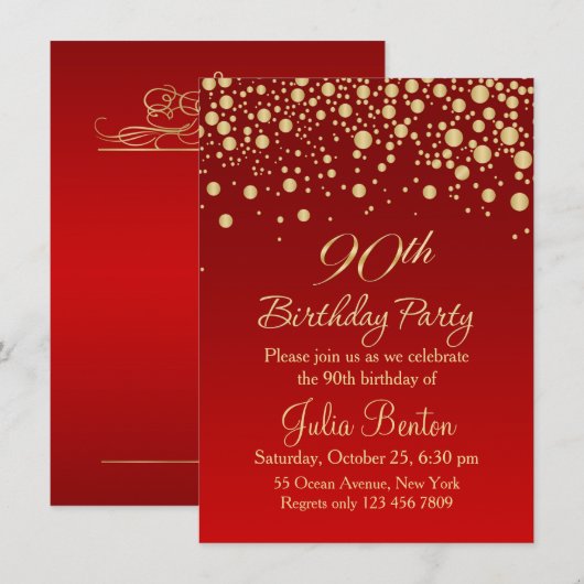 Gouden confetti op rode 90ste verjaardagsuitnodigi kaart (Voorkant / Achterkant)