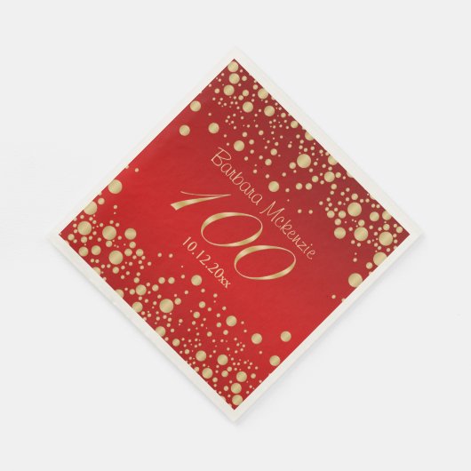 Gouden confetti op rood 100ste verjaardagsfeest servet (Hoek)