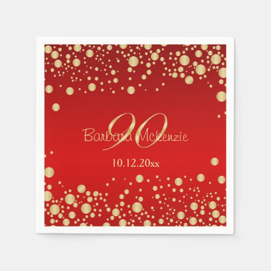 Gouden confetti op rood 90ste verjaardagsfeest servet (Voorkant)