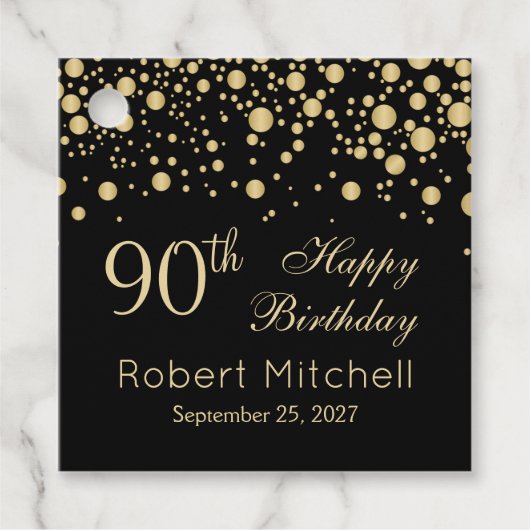 Gouden confetti op zwart 90ste verjaardag bedankjes labels (Voorkant)
