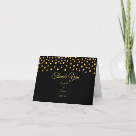 Gouden confetti op zwart-witte trouwdag bedankkaart