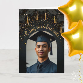 Gouden confetti op zwarte afstudeerhoeden foto-boo kaart