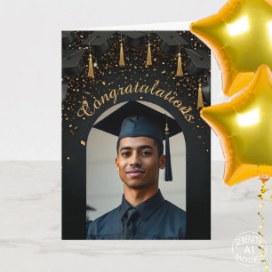 Gouden confetti op zwarte afstudeerhoeden foto-boo kaart