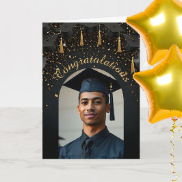 Gouden confetti op zwarte afstudeerhoeden foto-boo kaart