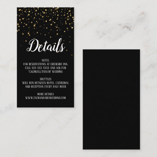 Gouden confetti op zwarte huwelijksdetails kaart (Voorkant / Achterkant)
