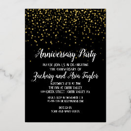 Gouden confetti op zwarte huwelijksjubileumfeest g folie uitnodiging