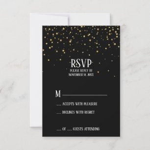 Gouden confetti op zwarte uitnodigingskaart voor j RSVP kaartje