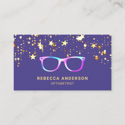 Gouden Confetti Paarse Regenboog Oogbril Optician Visitekaartje (Voorkant)
