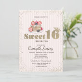 Gouden confetti, pannenkoeken, gestreepte Sweet 16 Kaart (Staand voorkant)
