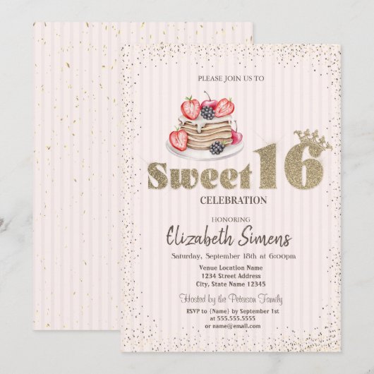 Gouden confetti, pannenkoeken, gestreepte Sweet 16 Kaart (Voorkant / Achterkant)