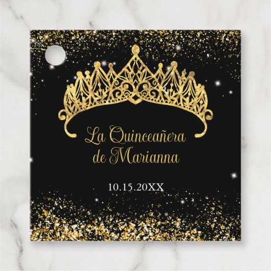 Gouden Confetti Quinceanera Tiara Bedankjes Labels (Voorkant)