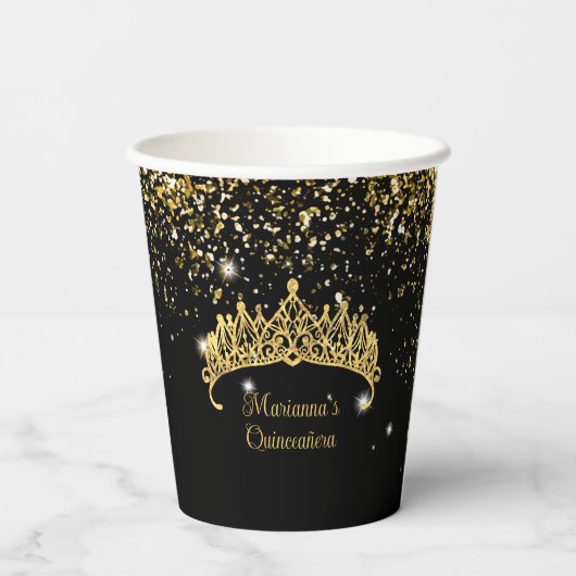 Gouden Confetti Quinceanera Tiara Papieren Bekers (Achterkant)