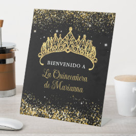 Gouden Confetti Quinceanera Tiara Reclamebord Met Voetstuk