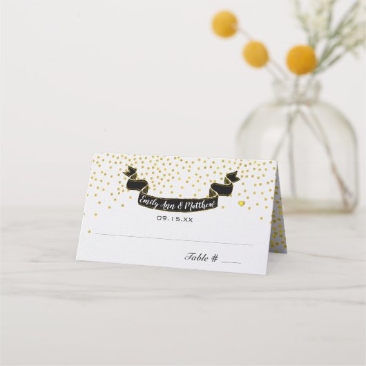 Gouden Confetti Retro Zwart Banner Bruiloft Plaatskaartje (Voorkant)