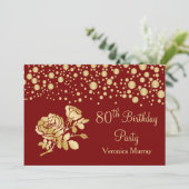Gouden confetti, roos op rode 80ste verjaardag kaart (Staand voorkant)