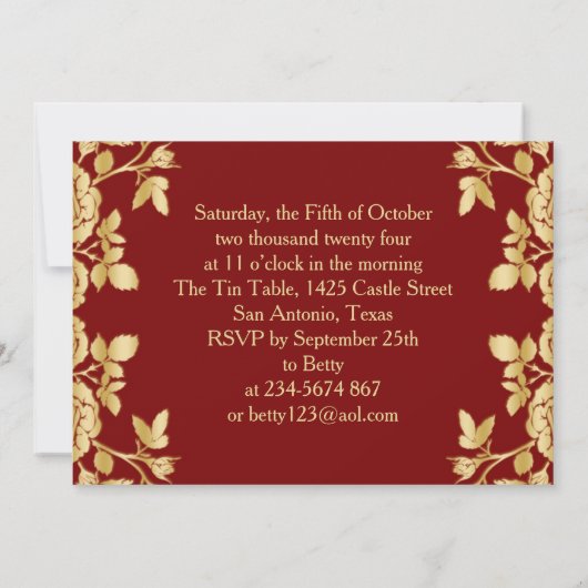 Gouden confetti, roos op rode 80ste verjaardag kaart (Achterkant)