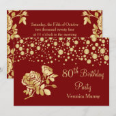 Gouden confetti, roos op rode 80ste verjaardag kaart (Voorkant / Achterkant)