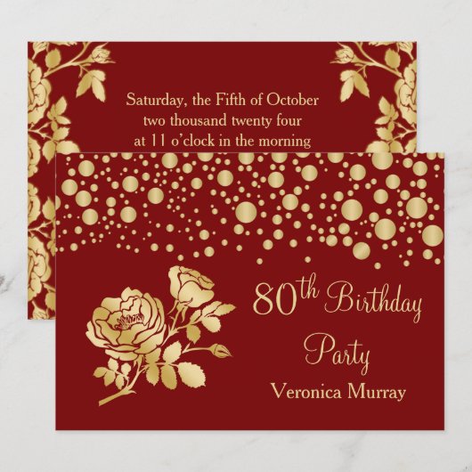 Gouden confetti, roos op rode 80ste verjaardag kaart (Voorkant / Achterkant)