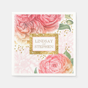 Gouden Confetti Roze  Bloemen Huwelijk Servet