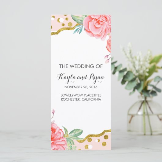 Gouden Confetti Roze Bloemen Stripes Trouwprogramm Programmakaart (Staand voorkant)